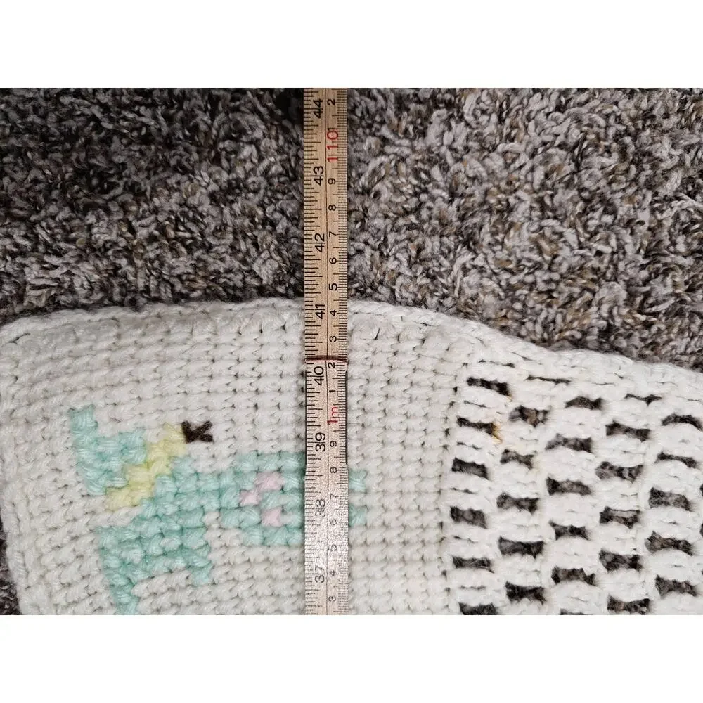 Vtg Hand Knitted Crocheted Baby Blanket Throw White w/Pastel Animals Cottagecore
